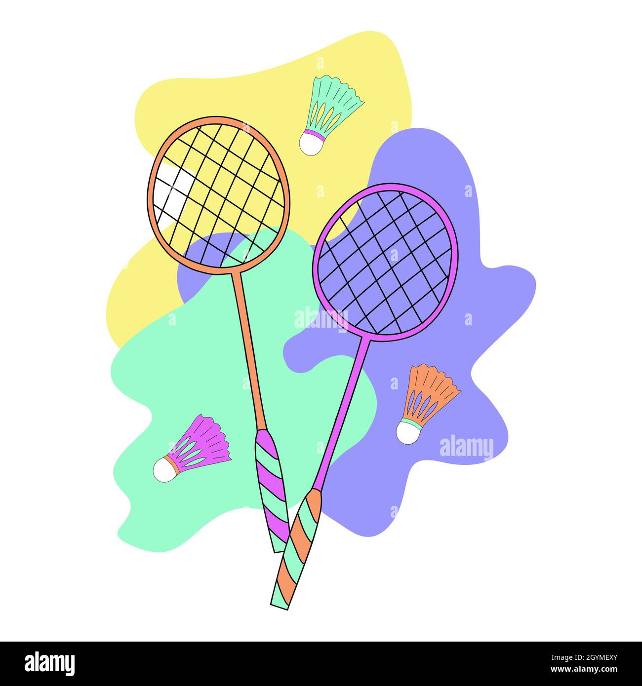 Racchette e shuttlecocks in stile badminton. Illustrazione vettoriale. Illustrazione Vettoriale
