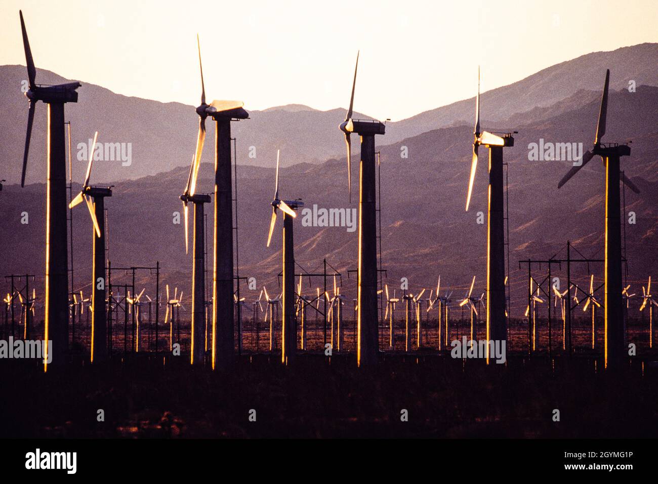 Generatori di energia elettrica alimentati dal vento alla prima luce al mattino vicino a Palm Springs, California. Foto Stock