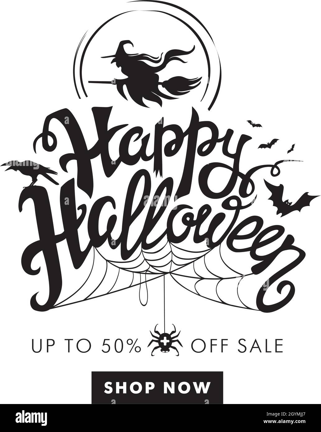 La strega in cappello vola sul broomstick sullo sfondo della luna piena. Halloween Vendita speciale modello banner offerta con scritta disegnata a mano per le vacanze Illustrazione Vettoriale