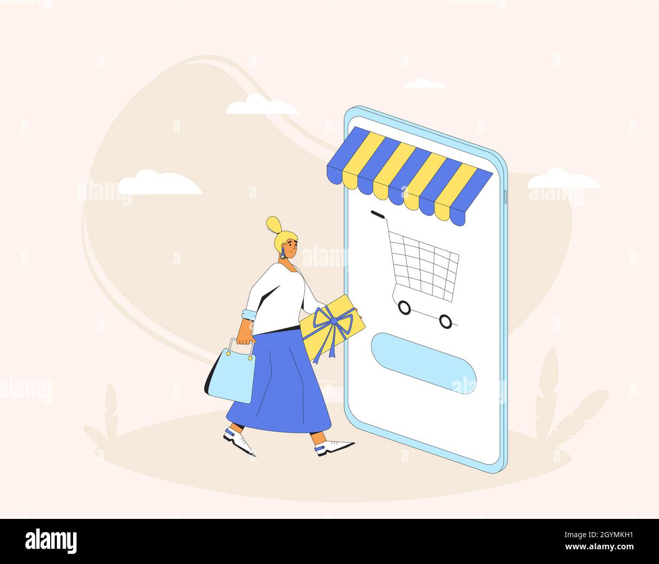 Shopping online. Donna con smartphone e borse da shopping enormi. Illustrazione del vettore a linee piene. Illustrazione Vettoriale