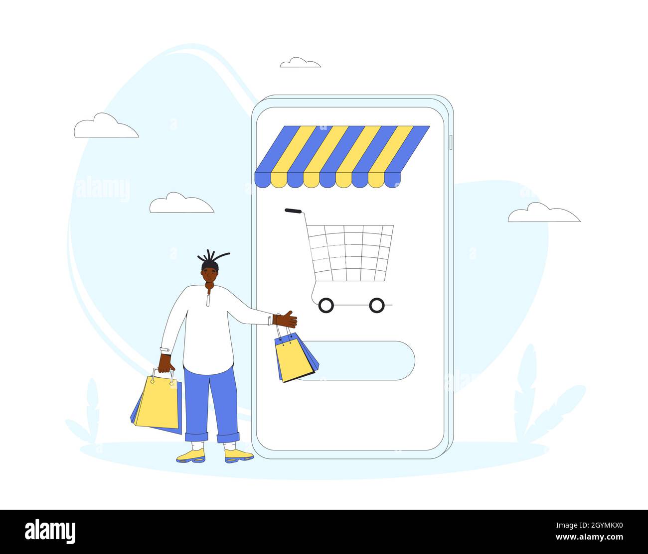 Shopping online. Uomo con smartphone e borse da shopping enormi. Illustrazione del vettore a linee piene. Illustrazione Vettoriale