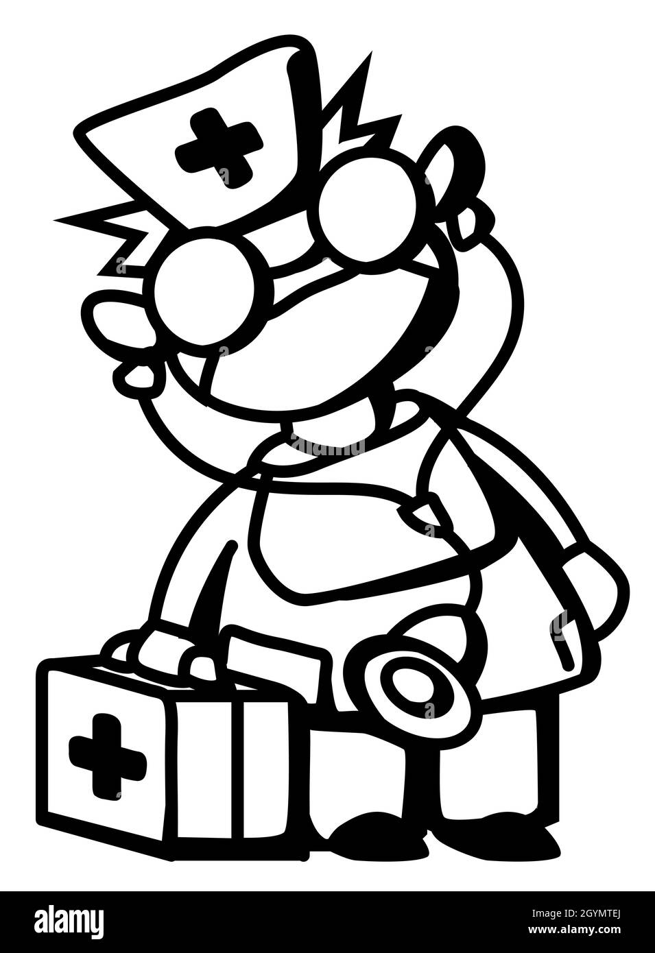 Medico emergenza intervento medico cartoon fumetto disegno linea, vettore, verticale, bianco e nero, isolato Illustrazione Vettoriale