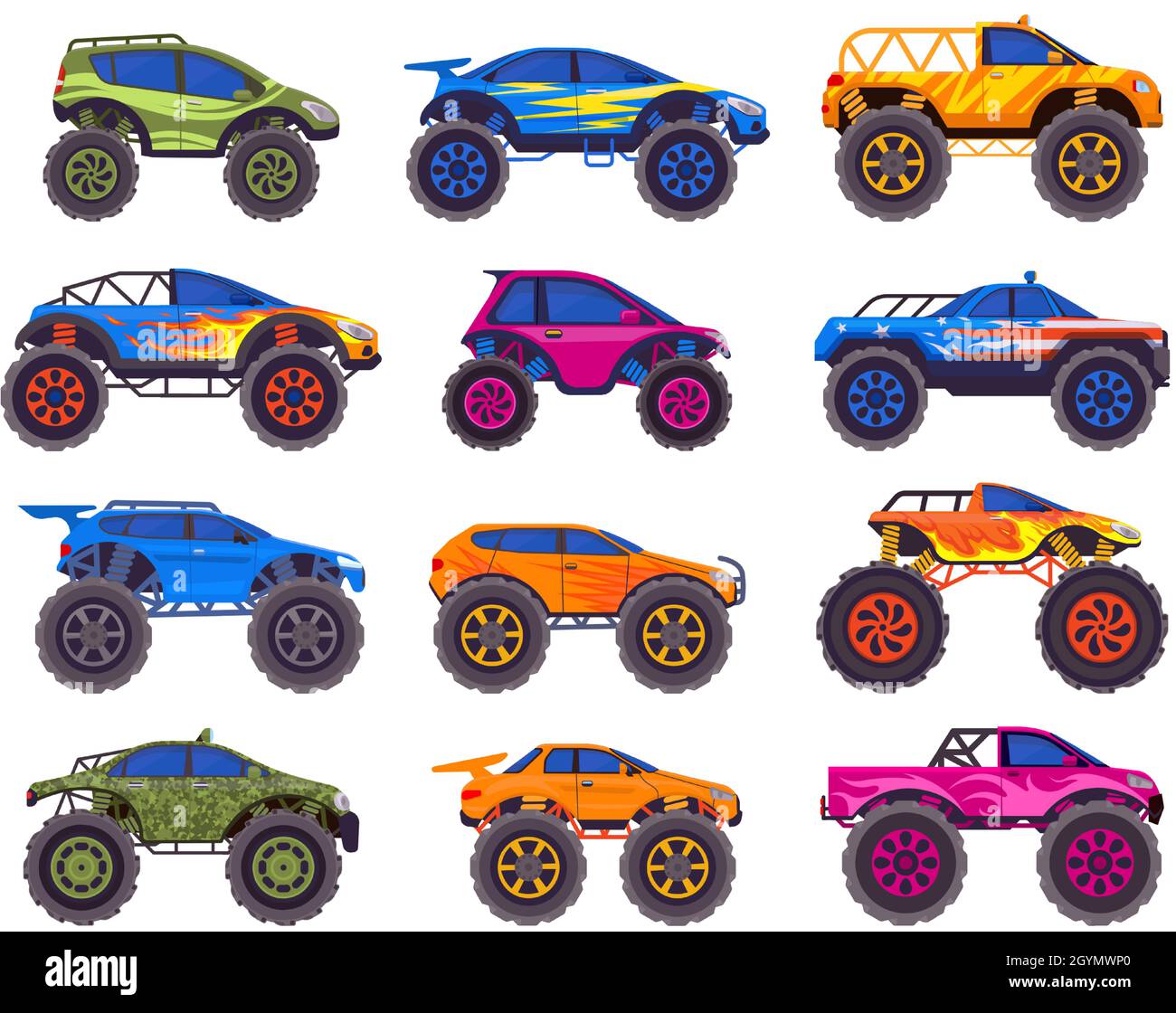 Furgoni mostruosi per sport estremi con pneumatici grandi. Trasporto Monster Truck, ritiro estremo spettacolo, jeep veicoli pesanti vettore illustrazione set Illustrazione Vettoriale