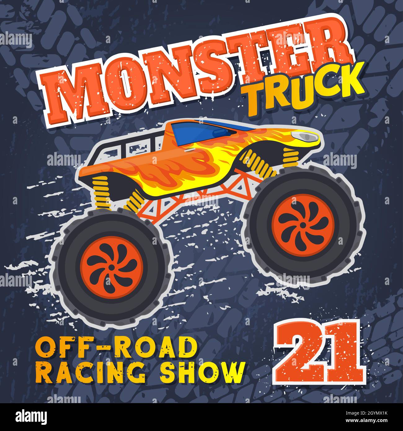 Monster pesante camion con enormi pneumatici Extreme sport gara poster. Illustrazione vettoriale di grandi ruote per veicoli pesanti da corsa estrema. Grandi ruote automobili Extreme show Illustrazione Vettoriale