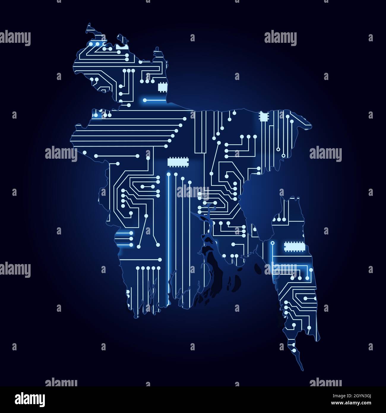 Mappa di contorno del Bangladesh con un circuito di elettronica tecnologica. Illustrazione Vettoriale