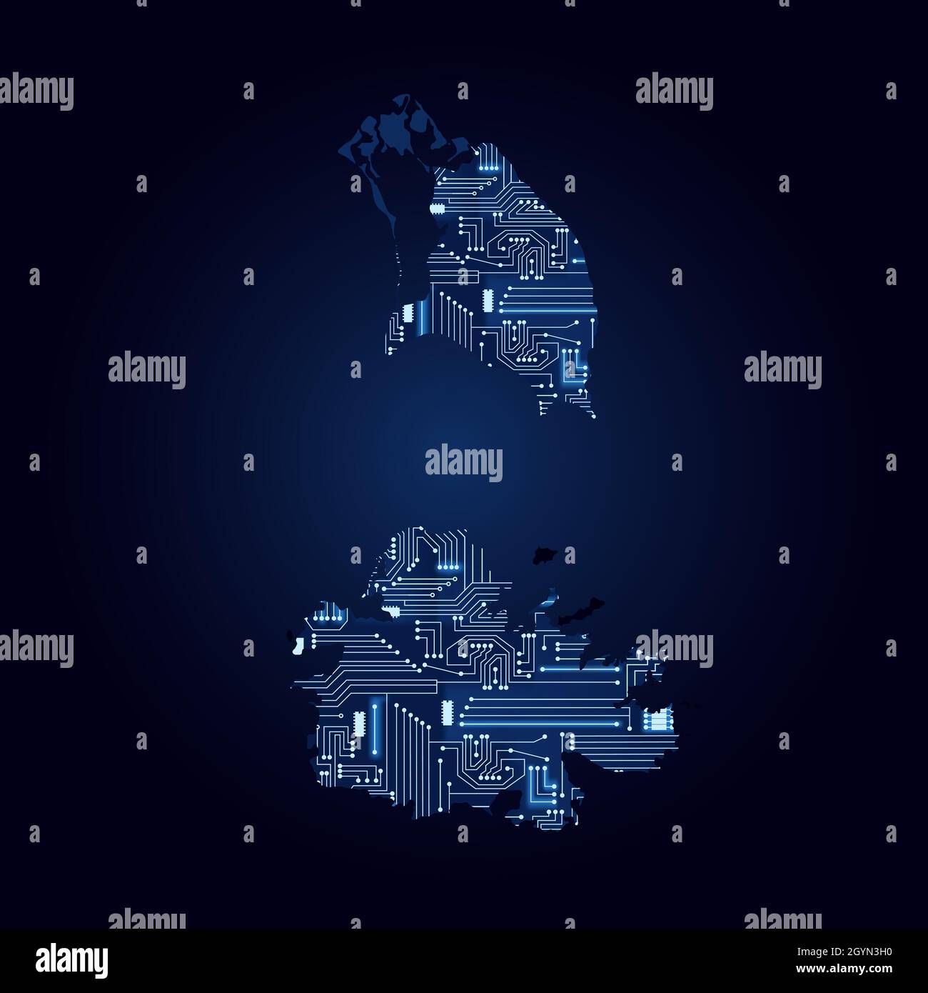 Mappa del contorno di Antigua e Barbuda con circuito elettronico tecnologico. Illustrazione Vettoriale