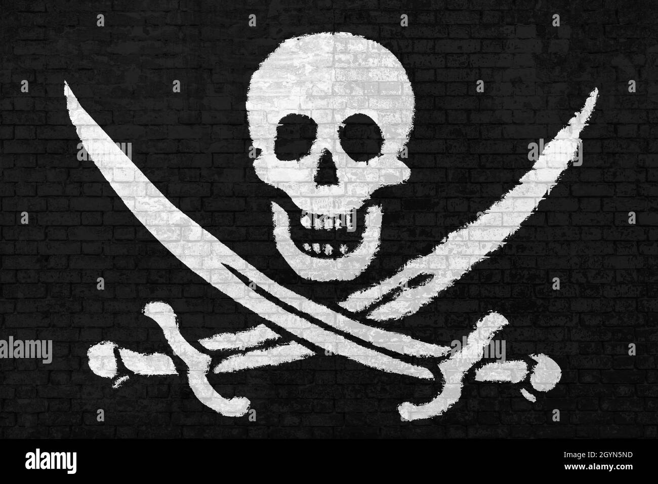 Muro di mattoni dipinto con la bandiera pirata di Calico Jack Rackham, cranio bianco e spade che attraversano su sfondo nero parete 3D. Concetto di sociale Foto Stock