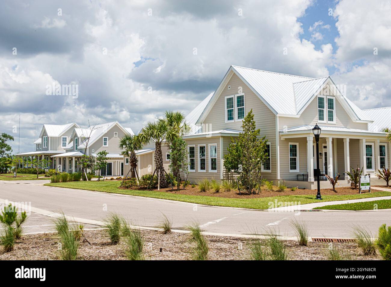 Babcock Ranch Florida, master pianificato comunità prima solare-alimentato città, energia rinnovabile pulita, single-famiglia case legno cornice nuovo modello casa per la vendita Foto Stock