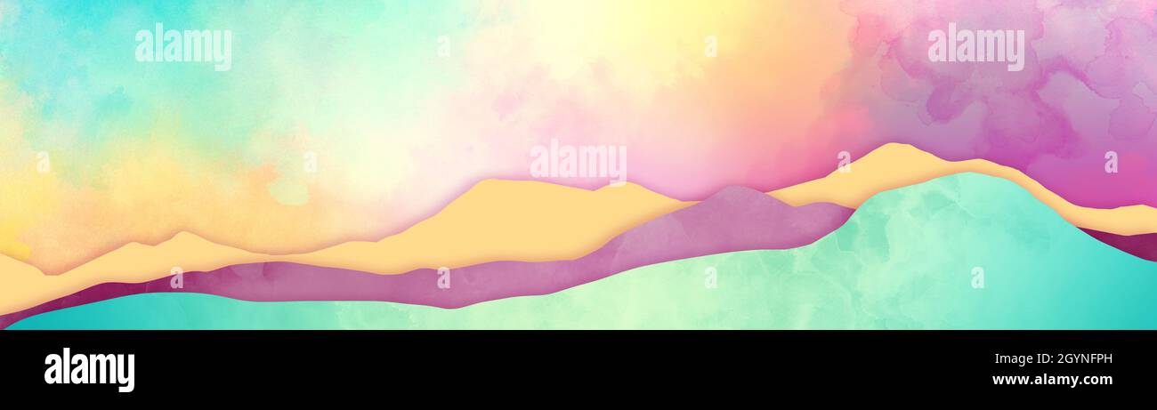 Montagne acquerello dipinte nei colori del tramonto, paesaggio di sfondo di montagna in strati di texture, montagne astratte in blu viola rosa e taglio giallo Foto Stock