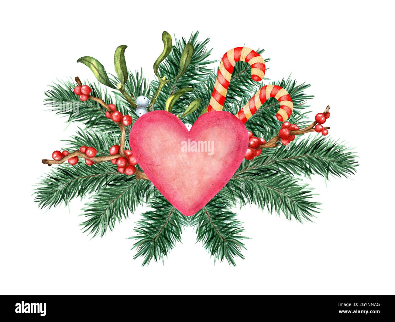 Illustrazione acquerello di un cuore rosa decorato con rami di abete, rami di agrifoglio, ilex, vischio e canne di caramelle. Decorazioni per Natale, Capodanno a. Foto Stock
