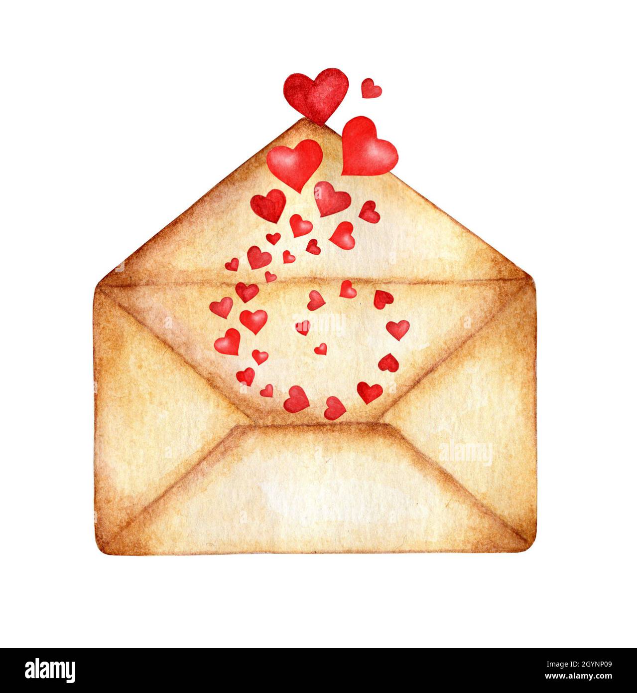 Busta acquerello da cui i cuori volano fuori in un vortice. Posta o lettera realistica per congratularsi con la madre e la giornata della donna. Isolato su bianco ba Foto Stock