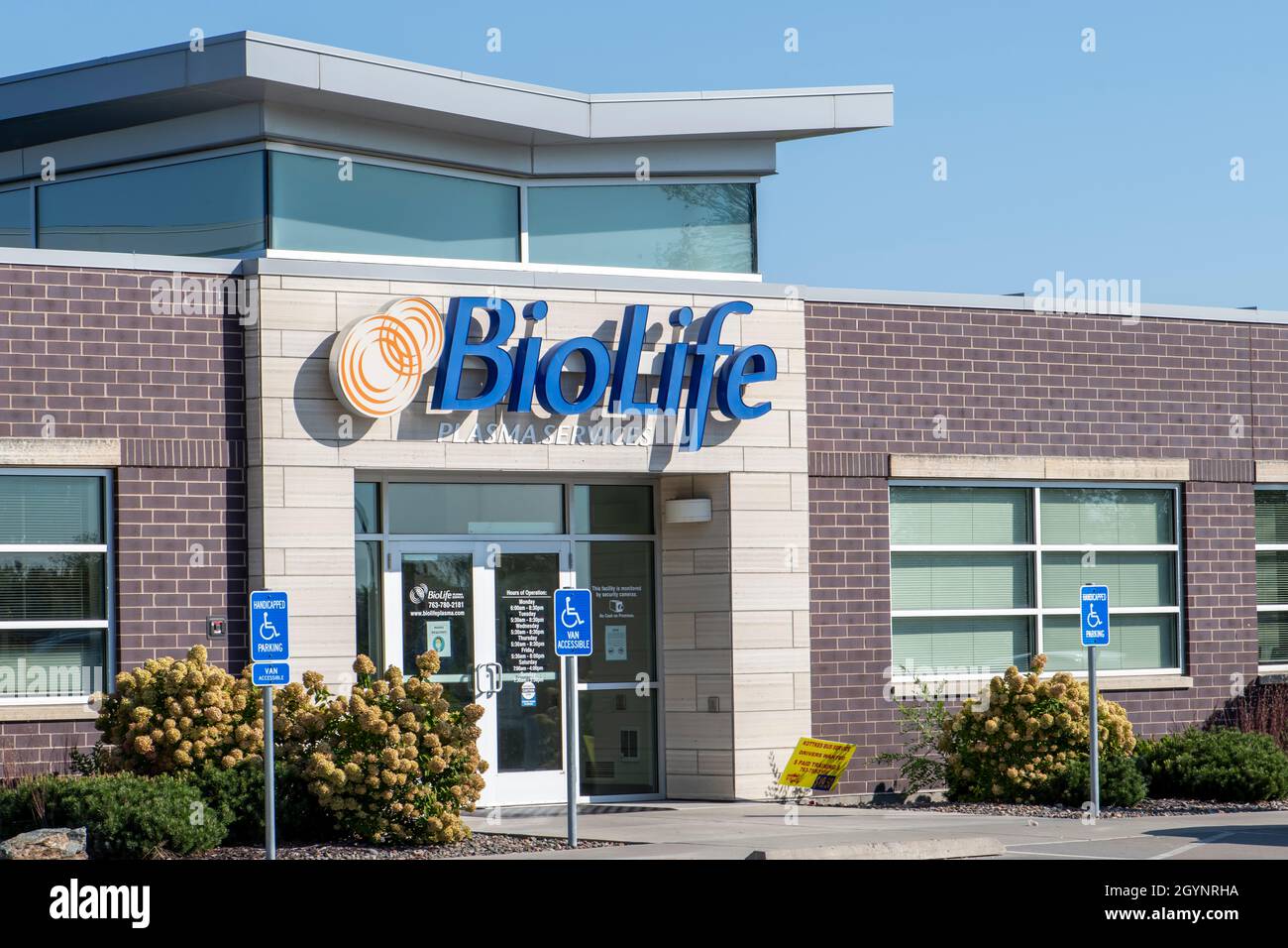 Mounds View, Minnesota. Biolife plasma Services raccoglie plasma di alta qualità che viene trasformato in terapie salvavita a base di plasma. Foto Stock