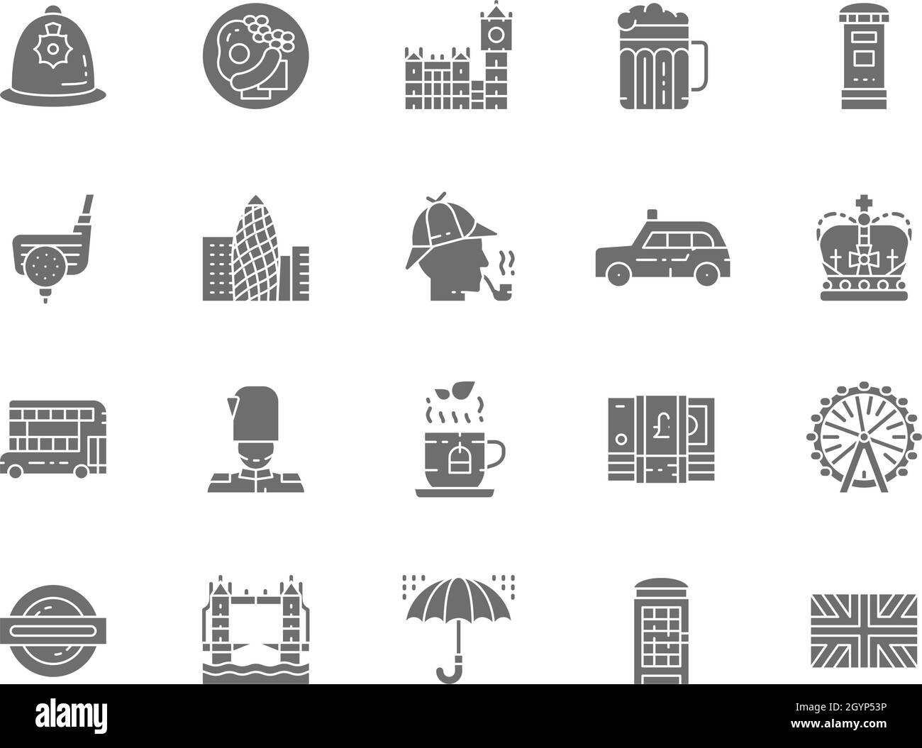 Set di icone in grigio della cultura inglese. Postbox tradizionale, casco di polizia e altro ancora. Illustrazione Vettoriale