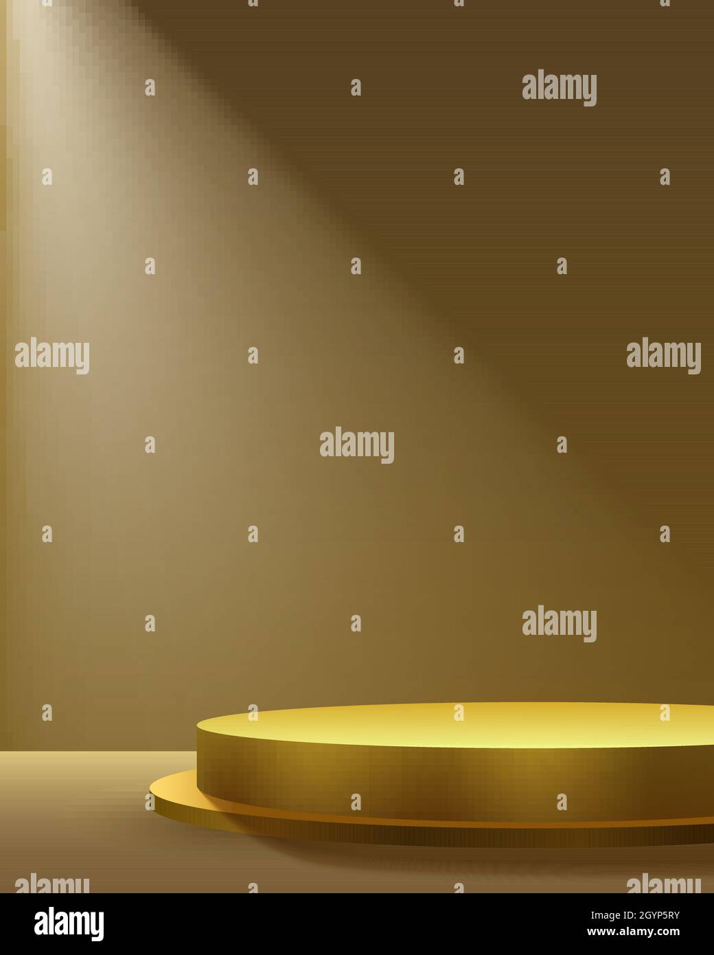 Sfondo minimalista per marcare a caldo e mostrare il prodotto. Raggio di faretto sulla parete beige. Podio d'oro sul pavimento. illustrazione vettoriale 3d. Illustrazione Vettoriale