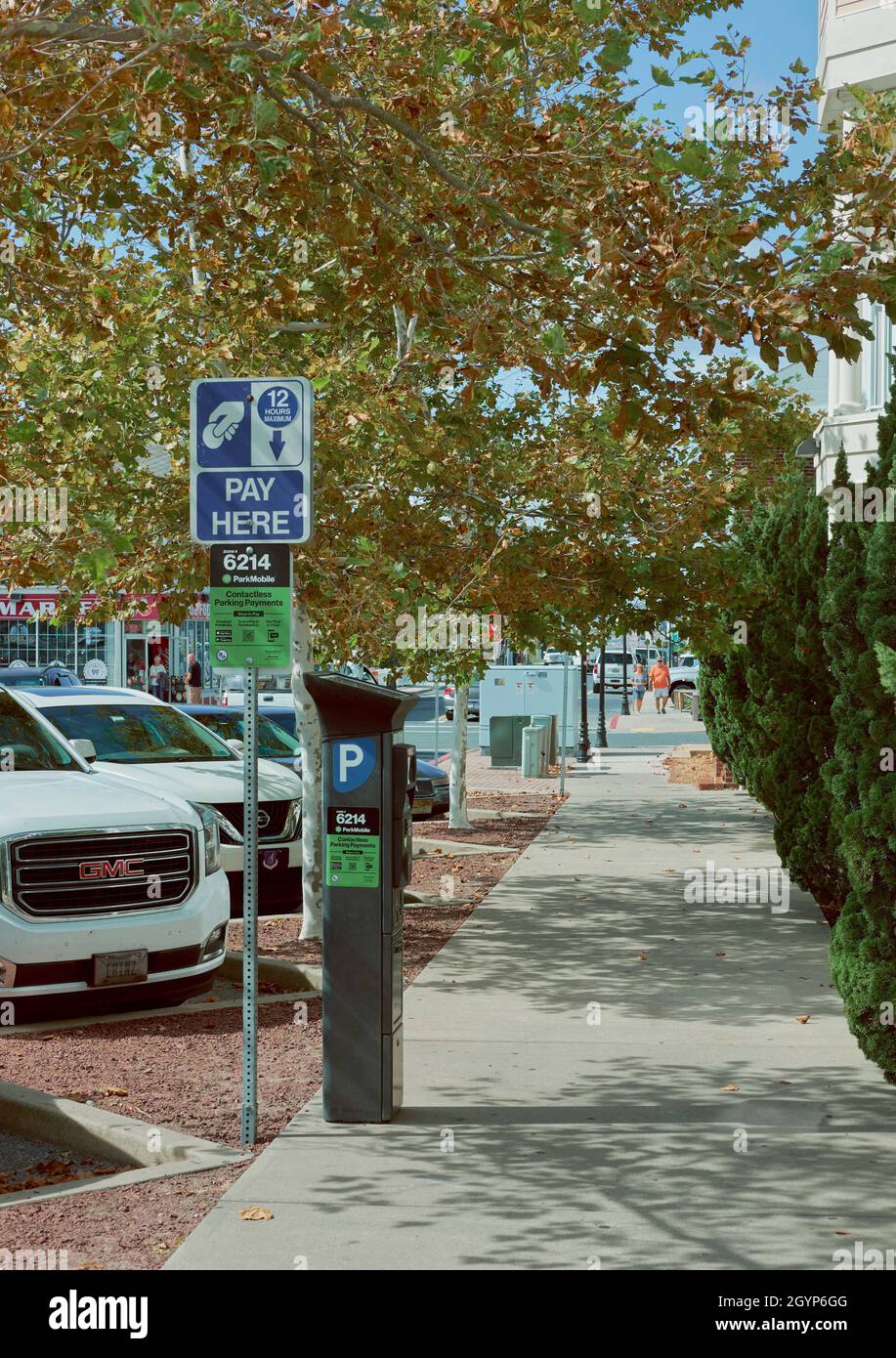 Un parchimetro intelligente con schermo a sfioramento municipale fornisce un'interfaccia intuitiva per la gestione dei parcheggi su strada. Foto Stock