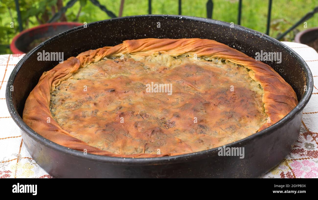 Torta di spinaci, spianakopita tradizionale greca, torta fatta a mano cotta in forno Foto Stock