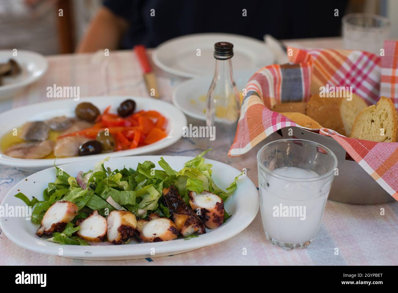 Antipasti di pesce nel ristorante greco tsipouro - ouzo, polpo, pesce, calamari, olive. tsipouradiko tradizionale. Grecia Volos Foto Stock