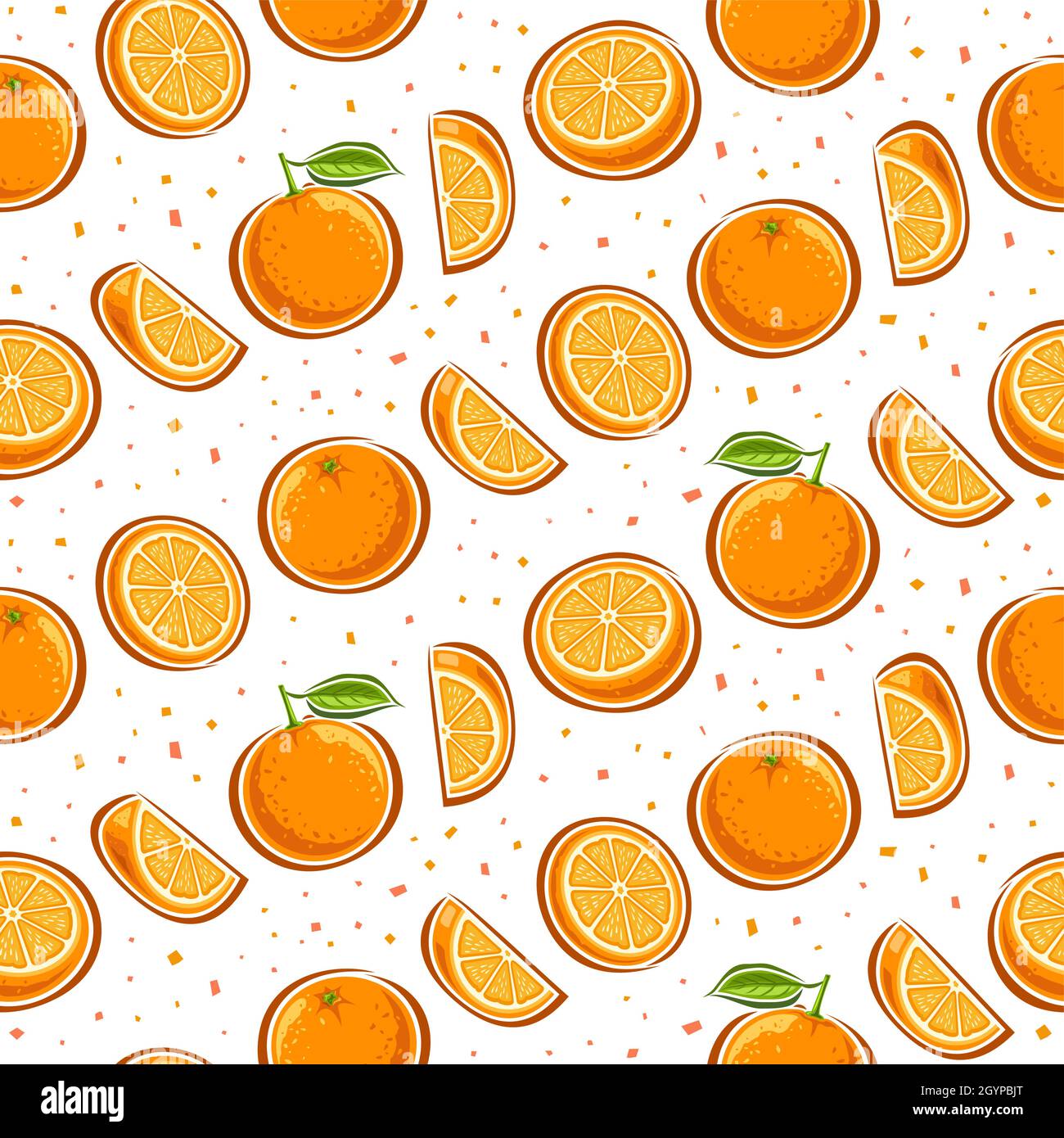 Vector Orange Seamless Pattern, sfondo quadrato ripetente con arance cartoon intere e tagliate a fette con foglie verdi, poster con illustrazioni ritagliate Illustrazione Vettoriale