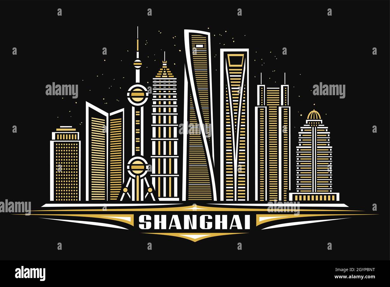 Illustrazione vettoriale di Shanghai, poster orizzontale con disegno lineare paesaggio urbano di Shanghai su sfondo cielo stellato crepuscolo, concetto di arte linea urbana asiatica Illustrazione Vettoriale