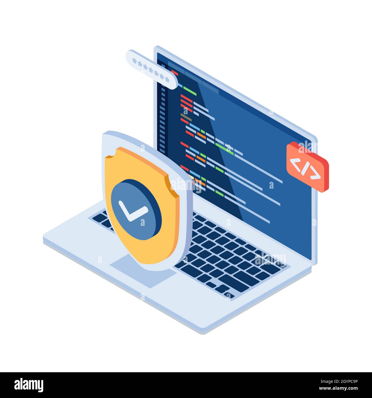 Schermo isometrico 3D piatto e notebook con programmazione del codice lingua sul monitor. Protezione dei dati e concetto di sicurezza informatica. Illustrazione Vettoriale