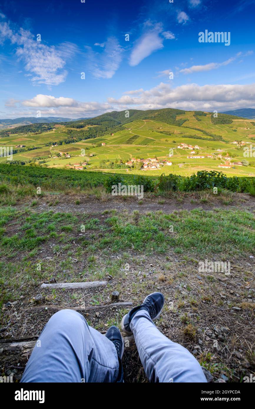 Pieds d'un randonneur dans les vignes autour du Mont Brouilly, Beaujolais, Francia Foto Stock