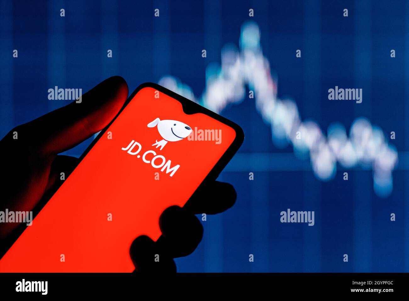 JD.com è una società cinese di e-commerce. Uno smartphone con il logo JD.com in una mano. Grafico delle scorte sullo sfondo. Foto Stock