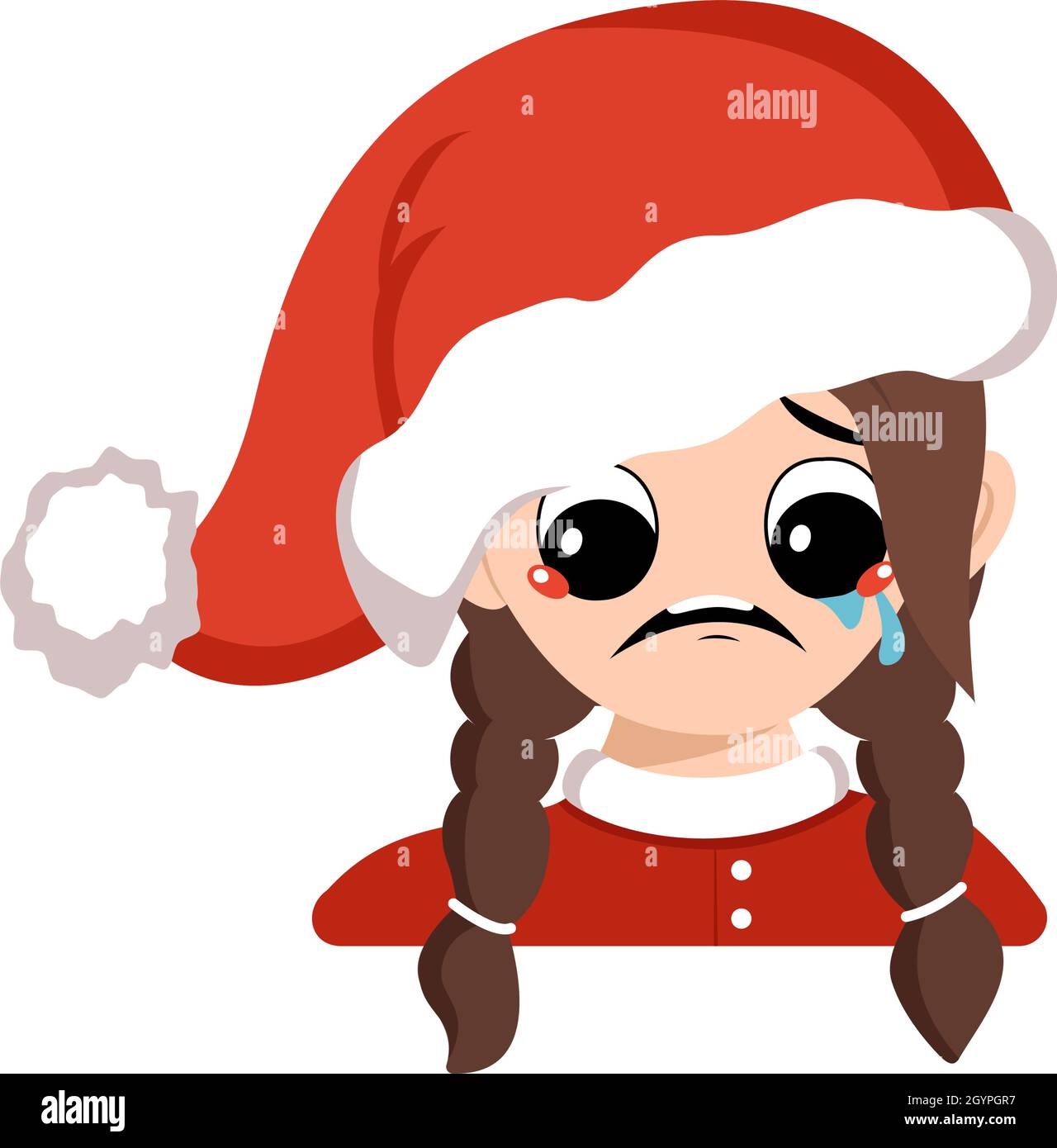 Ragazza con pianto e lacrime emozione, volto triste, occhi depressivi in rosso Santa Hat. Carino capretto con espressione malinconia in costume da carnevale per Capodanno, Natale e vacanza. Capo di bambino adorabile Illustrazione Vettoriale