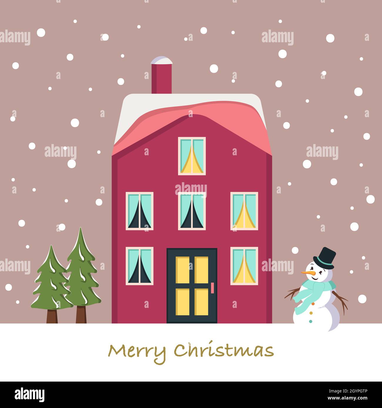 Casa di neve sul biglietto di Natale. Paesaggio invernale con fiocchi di neve, alberi di neve e abete su sfondo rosa. Cartolina di auguri per il nuovo anno Illustrazione Vettoriale