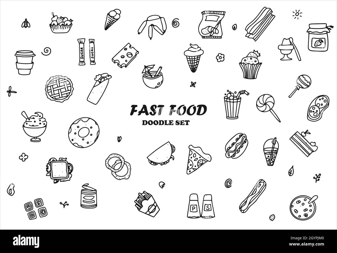 Doodle cibo set di prodotti fast-food. Dolci fatti a mano, dessert, spuntini, popcorn, cucina americana e colazione inglese. Un grande set di cartoni animati Illustrazione Vettoriale