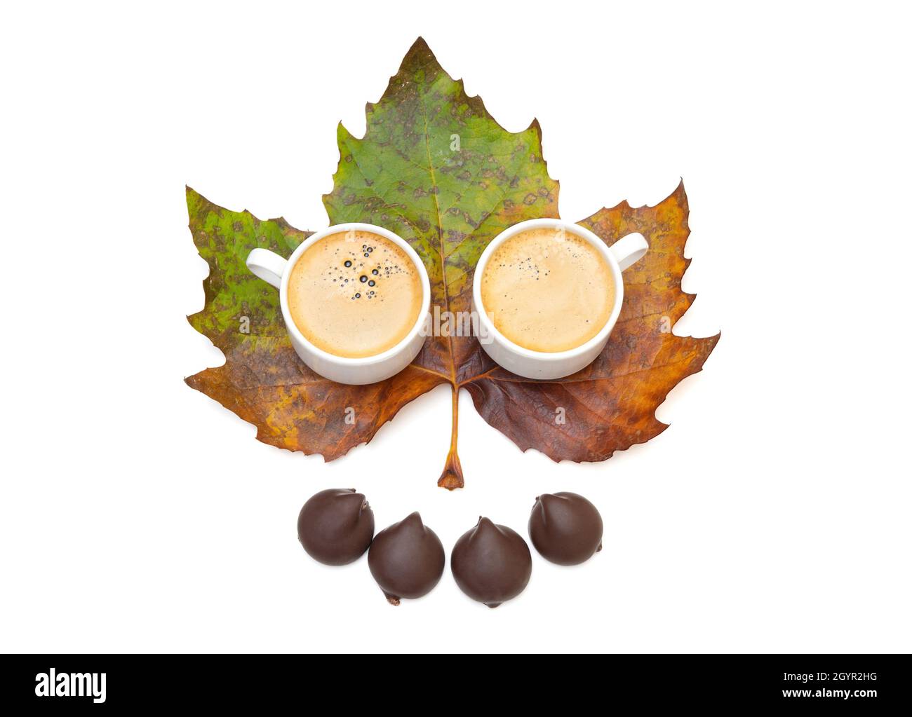 Due tazze di caffè e caramelle al cioccolato su una grande foglia di acero pigmentato isolato su bianco Foto Stock