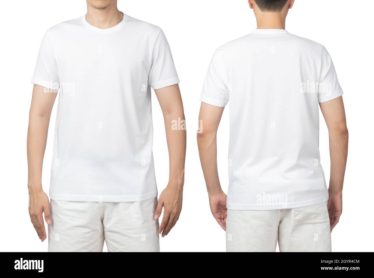 Giovane uomo in bianco bianco t-shirt mockup fronte e retro utilizzato come  modello di design, isolato su sfondo bianco con percorso di taglio Foto  stock - Alamy