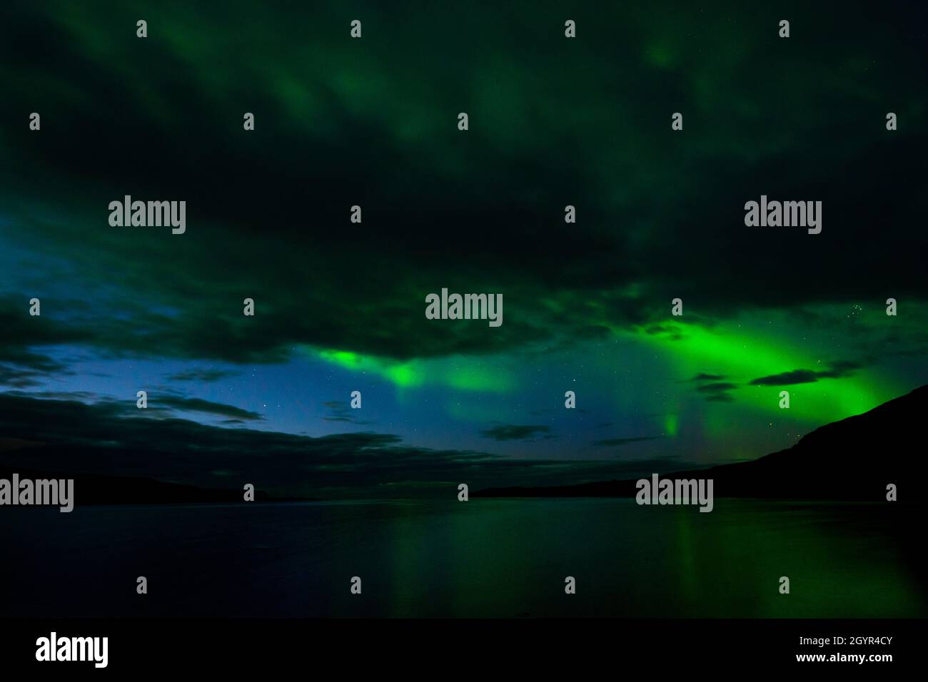 Danza dell'aurora boreale su un fiordo islandese. Foto Stock