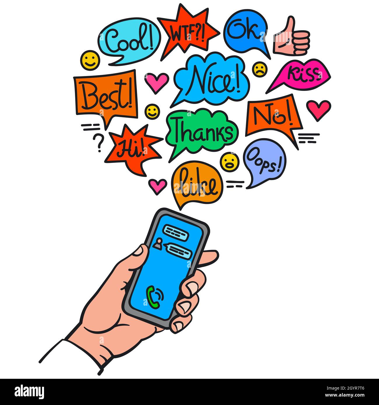 Immagine della mano che tiene lo smartphone e delle chat di comunicazione Illustrazione Vettoriale
