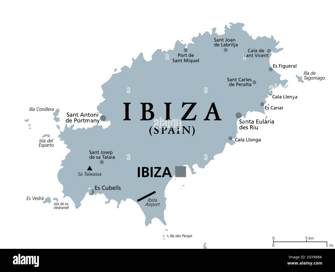 Ibiza, mappa politica grigia. Parte delle Isole Baleari, arcipelago e comunità autonoma della Spagna nel Mediterraneo. Foto Stock