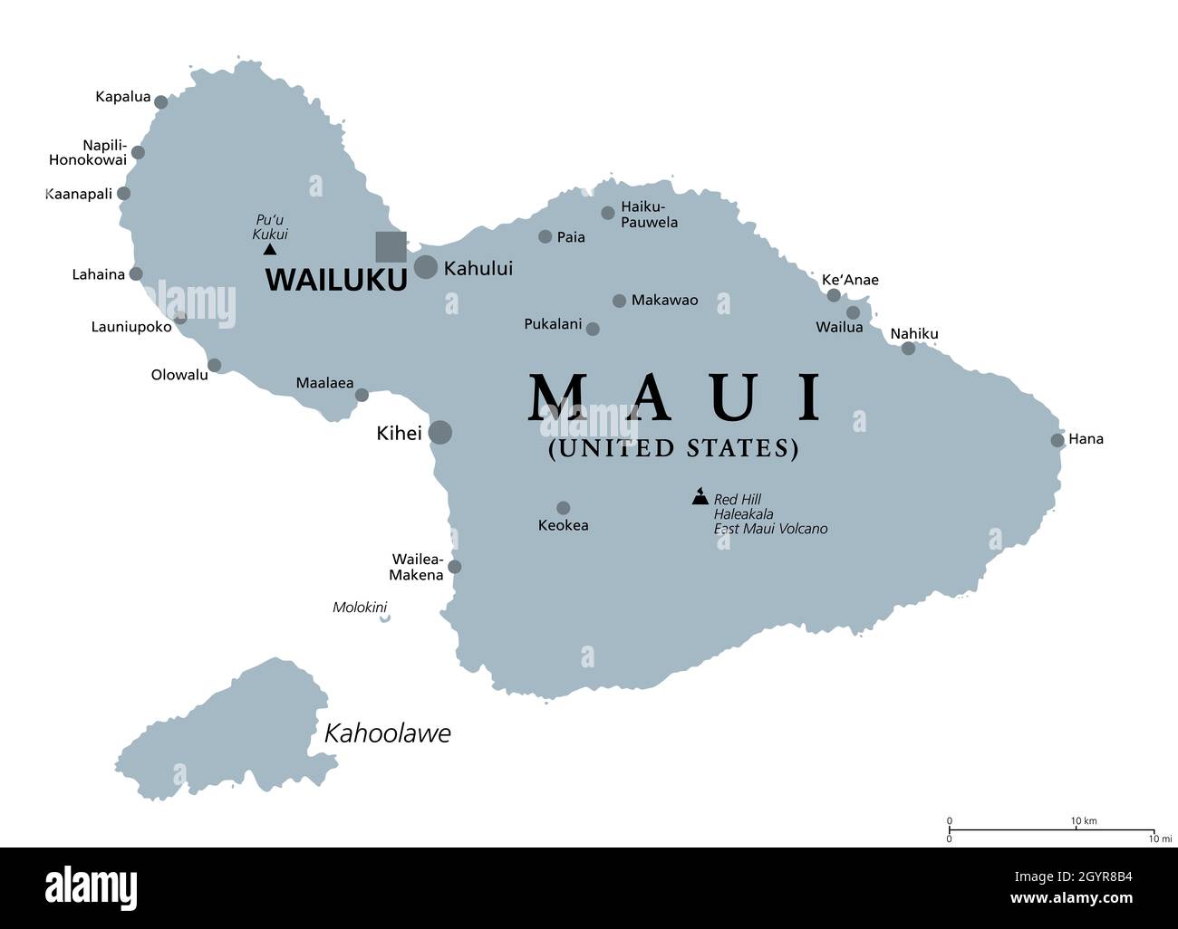 Maui, Hawaii, mappa politica grigia con capitale Wailuku. Parte delle Isole Hawaiane e delle Hawaii, uno stato degli Stati Uniti nell'Oceano Pacifico del Nord. Foto Stock