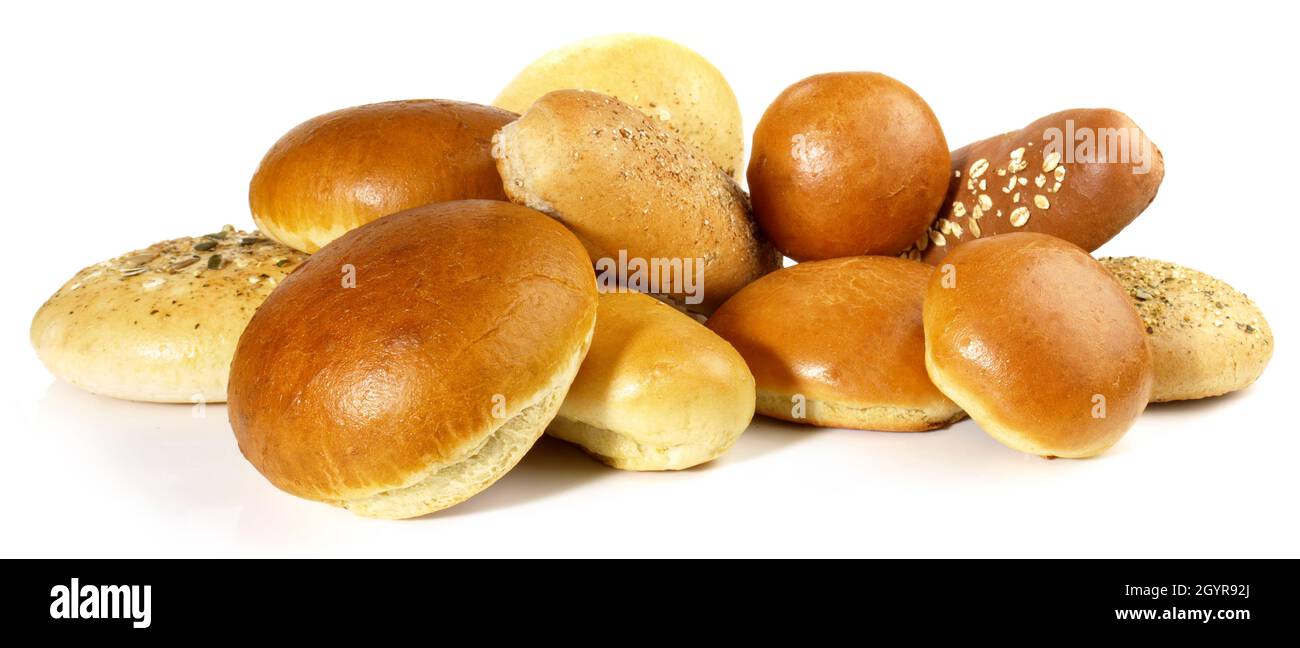 Vari panini per hamburger e Hot Dogs isolati su sfondo bianco Foto Stock