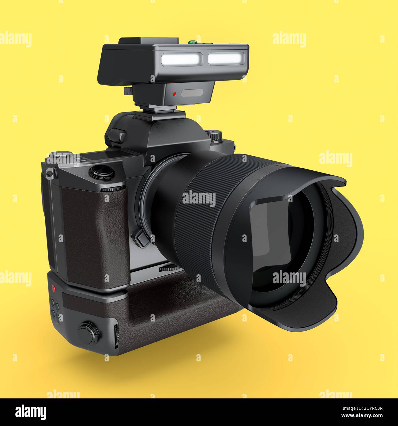 Concetto di fotocamera reflex digitale inesistente con obiettivo e flash esterno speedlight isolato su sfondo giallo. Rendering 3D e illustrazione di professional Foto Stock