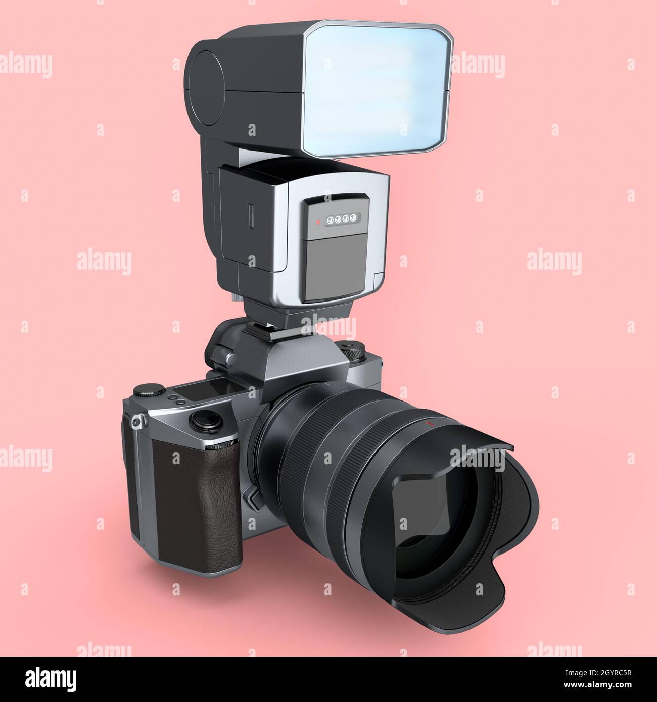 Concetto di inesistente fotocamera DSLR argento con obiettivo e flash esterno speedlight isolato su sfondo rosa. Rendering 3D di fotografie professionali Foto Stock