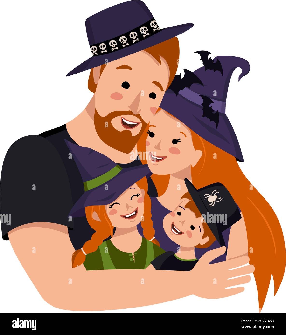 Famiglia felice con capelli rossi in costumi per Halloween. Papà, mamma, figlia e figlio in cappelli strega per il carnevale autunnale. Illustrazione Vettoriale