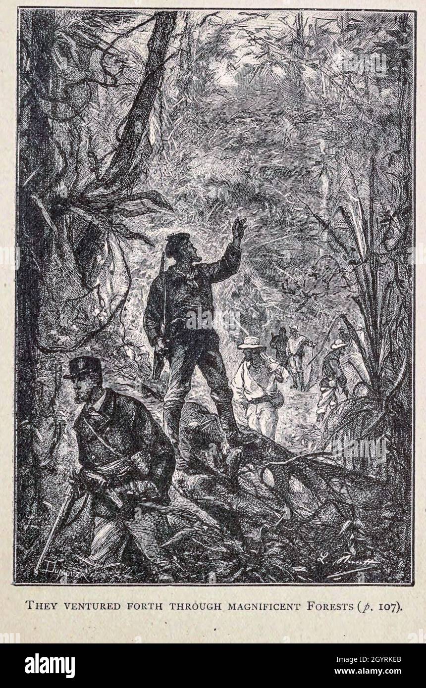 Essi si avventurarono attraverso Magnificent Forest dal libro ' Mistress Branican ' di Jules Verne, illustrato da Leon Benet. La storia inizia negli Stati Uniti, dove l'eroina, Mistress Branican, subisce una rottura mentale dopo la morte per annegamento del suo giovane figlio. Dopo il recupero, lei apprende che suo marito, capitano Branican, è stato segnalato perso in mare. Dopo aver acquistato una fortuna, è in grado di lanciare una spedizione per cercare suo marito, che è convinto è ancora vivo. Lei stessa guida la spedizione e Trail la porta nell'entroterra australiano. Signora Branican Foto Stock