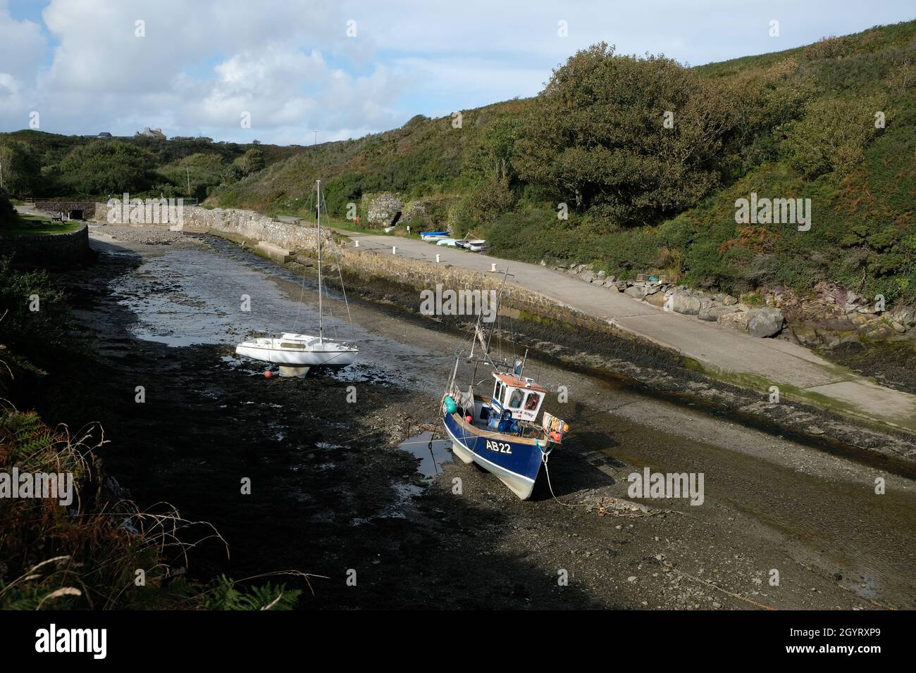 Porth Clais, o Porthclais, porto alla foce del fiume Alun, vicino a St David's, Pembrokeshire, Galles. Sul sentiero costiero del Pembrokeshire Foto Stock