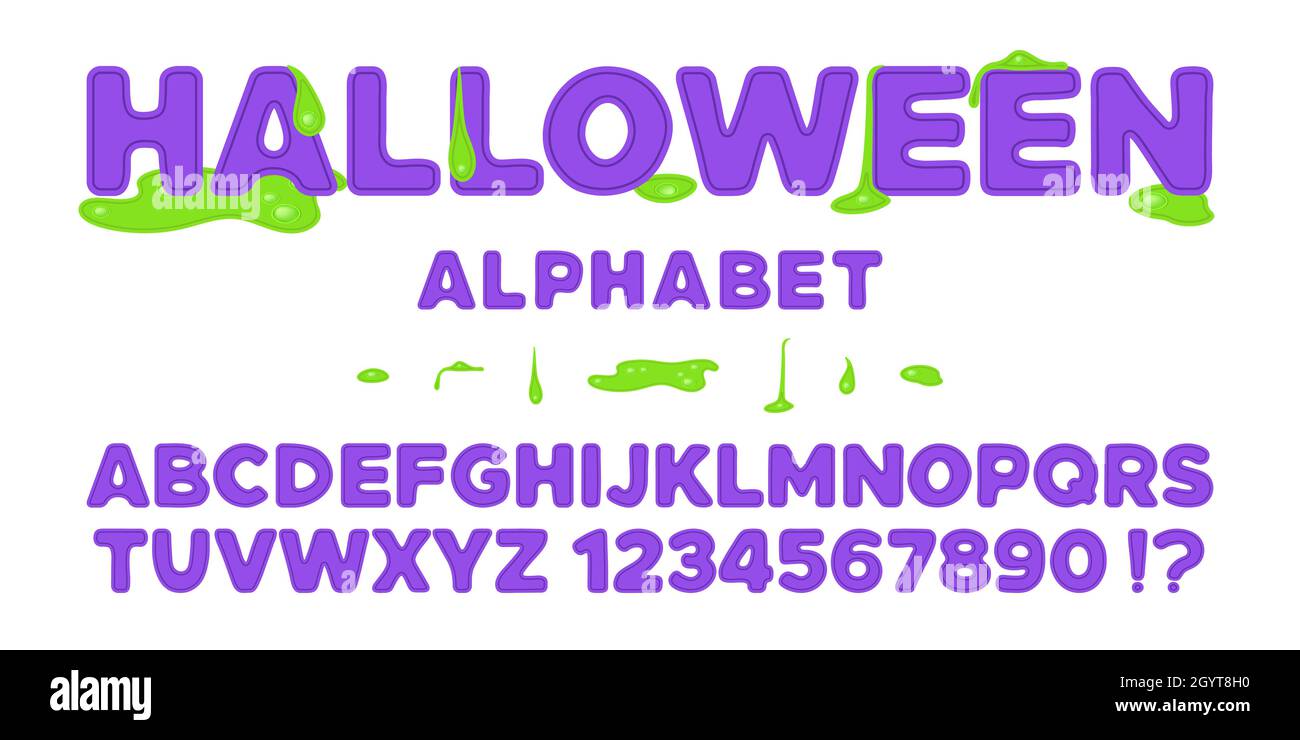 Divertente flowers flowers Halloween font design - alfabeto, lettere e numeri impostati in stile fumetto con gocce di silicio incandescente come un fidget giocattoli popit. Stile mostro Illustrazione Vettoriale