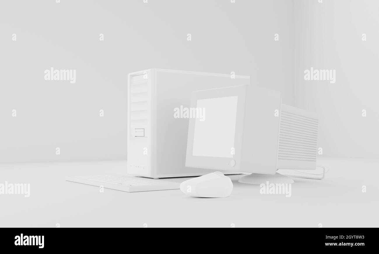 Workstation standard con rendering 3D, schermo bianco crt, custodia atx, tastiera del mouse wireless su sfondo bianco Foto Stock