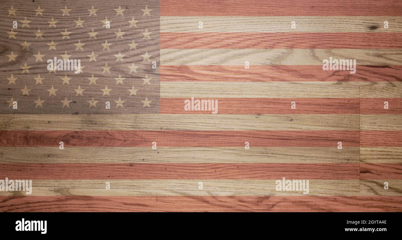 Fotografia del prodotto sfondo della bandiera degli Stati Uniti d'America su un asse di legno Foto Stock