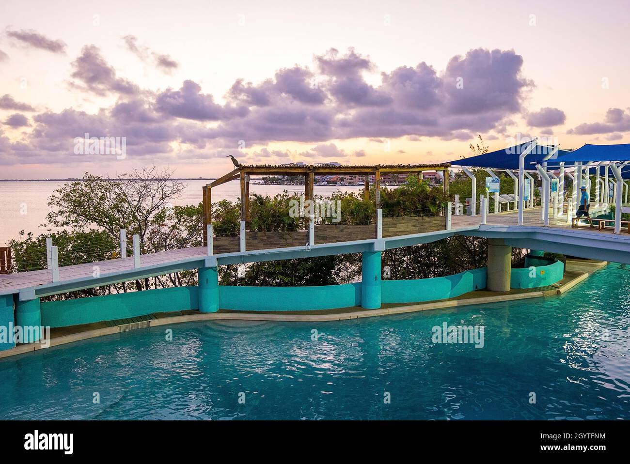 Vista sul ponte sulla piscina e sul mare durante il tramonto Foto Stock