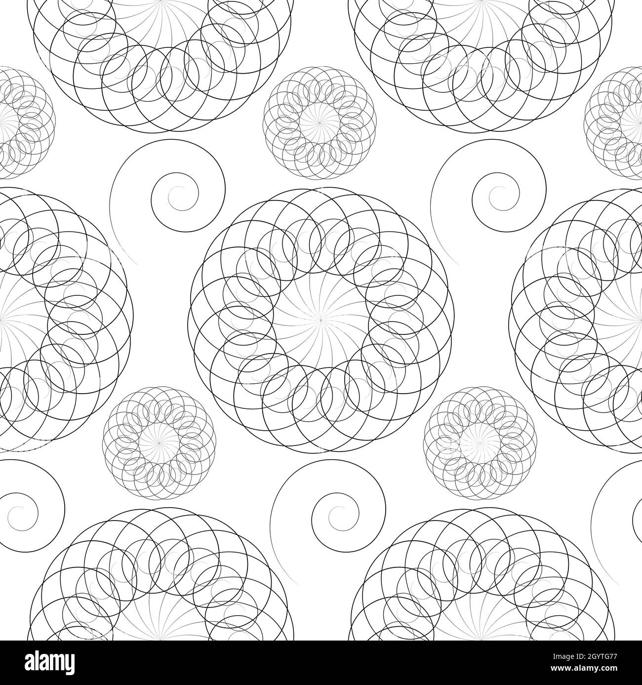 modello senza cuciture con spirali e ornamento di fiori di mandala. Elemento di design vintage in stile monocromatico. Merletto ornamentale. Decorazioni floreali Illustrazione Vettoriale