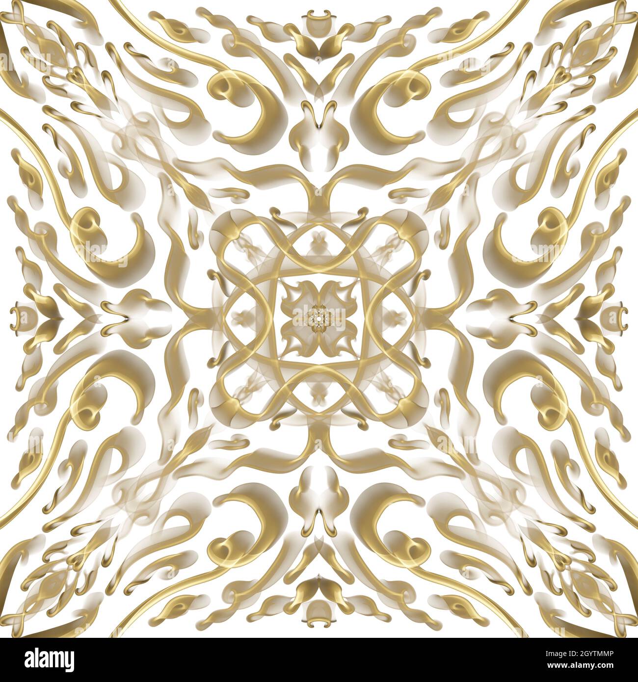 Superficie floreale astratta senza giunture in colore dorato che si ripete simmetricamente. Utilizzare per il design della moda, la decorazione della casa e sfondi. Foto Stock