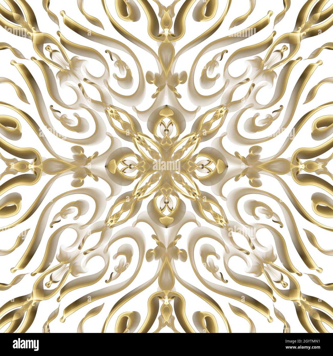 Superficie floreale astratta senza giunture in colore dorato che si ripete simmetricamente. Utilizzare per il design della moda, la decorazione della casa e sfondi. Foto Stock