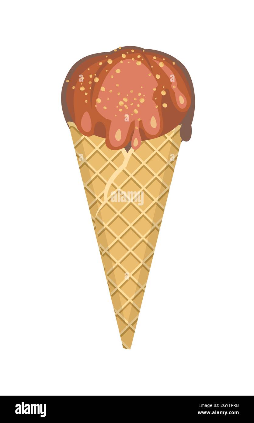 Gelato al cioccolato. Dessert estivo. Dadi. Design piatto. In un cono waffle. L'oggetto è isolato su sfondo bianco. Illustrazione del vettore Illustrazione Vettoriale