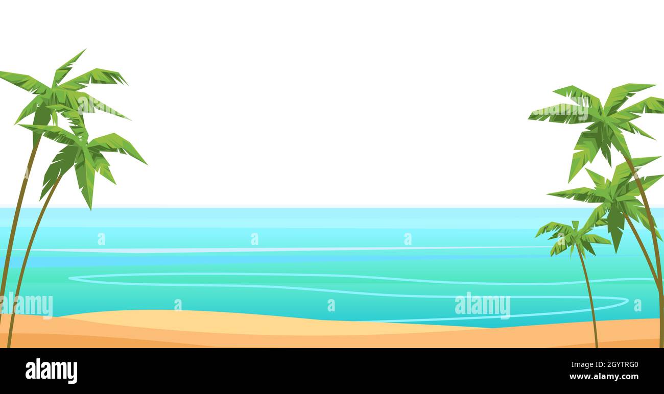 Spiaggia di mare. Stagione estiva. Lontano è l'orizzonte dell'oceano. Tempo calmo. Design semplice. Illustrazione in stile piatto. Vettore. Illustrazione Vettoriale